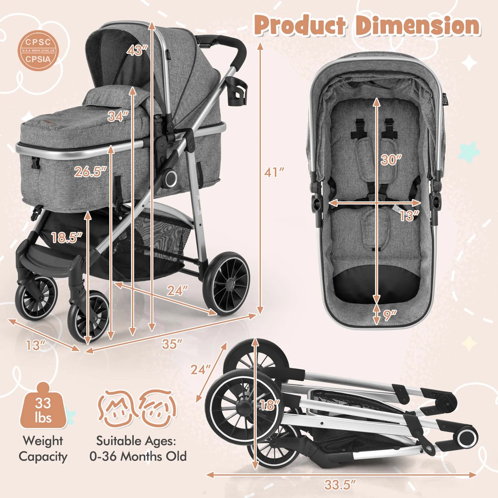 Babyjoy 2 in 1 Convertible Baby Stroller High Landscape Infant Stroller Grey