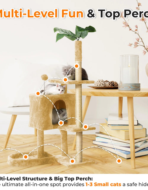 Load image into Gallery viewer, 31.5&quot; Cat Tree Cat Tower for Indoor Cats with Green Leaves, Cat Condo Cozy Plush Cat House with Hang Ball and Leaf Shape Design, Cat Furniture Pet House with Cat Scratching Posts,Beige
