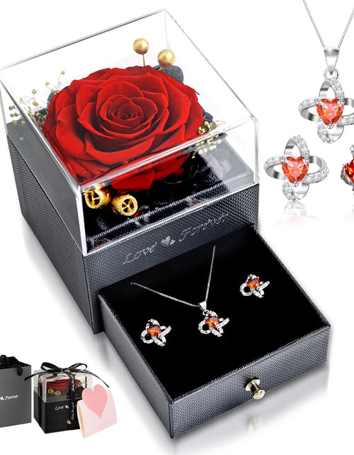 Load image into Gallery viewer, Eternal Rose with Necklace Earrings Set Birthday Gifts for Women Mom Preserved Real Flowers Mothers Day Valentines Day Gifts Anniversary Jewelry Sets for Women Grandma Wife Girlfriend Her (Red)
