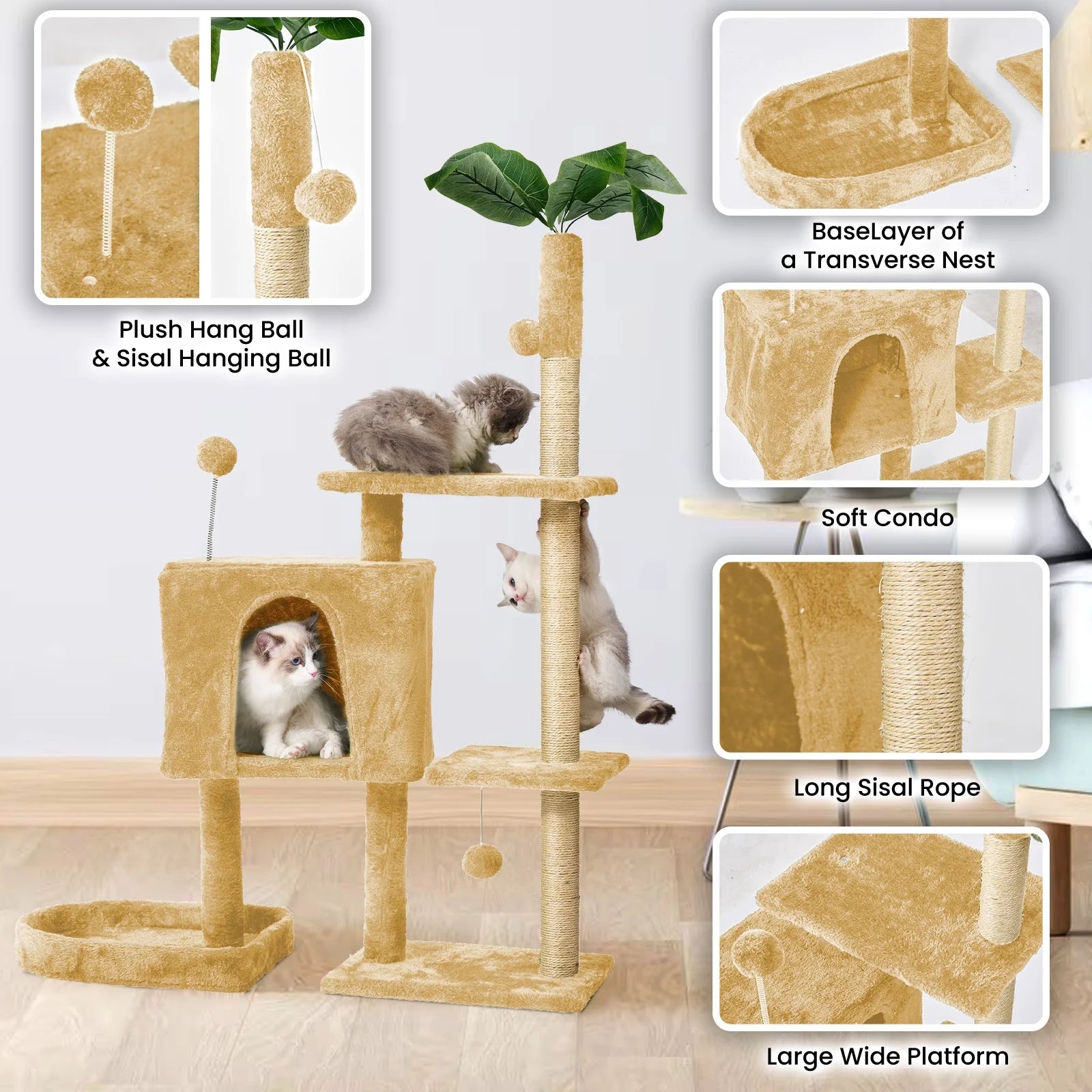 31.5" Cat Tree Cat Tower for Indoor Cats with Green Leaves, Cat Condo Cozy Plush Cat House with Hang Ball and Leaf Shape Design, Cat Furniture Pet House with Cat Scratching Posts,Beige