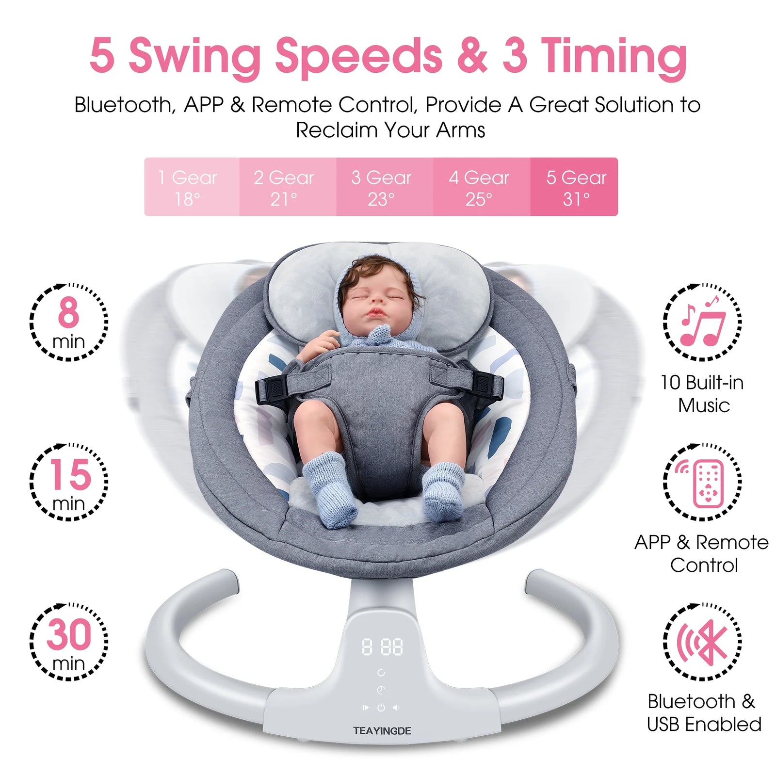 Baby Swing for Infants - Motorized Swing with Music Speaker and Remote Control - 12 Lullabies - Black