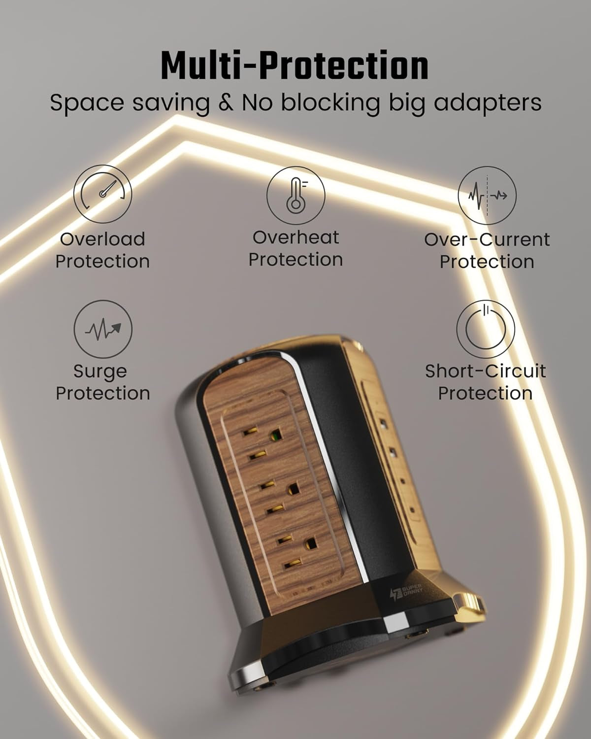 Power Strip Tower Surge Protector, Desktop Charging Station, 10 Ft Extension Cord, 9 Outlets, 4 USB Ports, 1080 Joules, 3-Prong, Grounded, Multiple Protections for Home, Office, Deep Brown