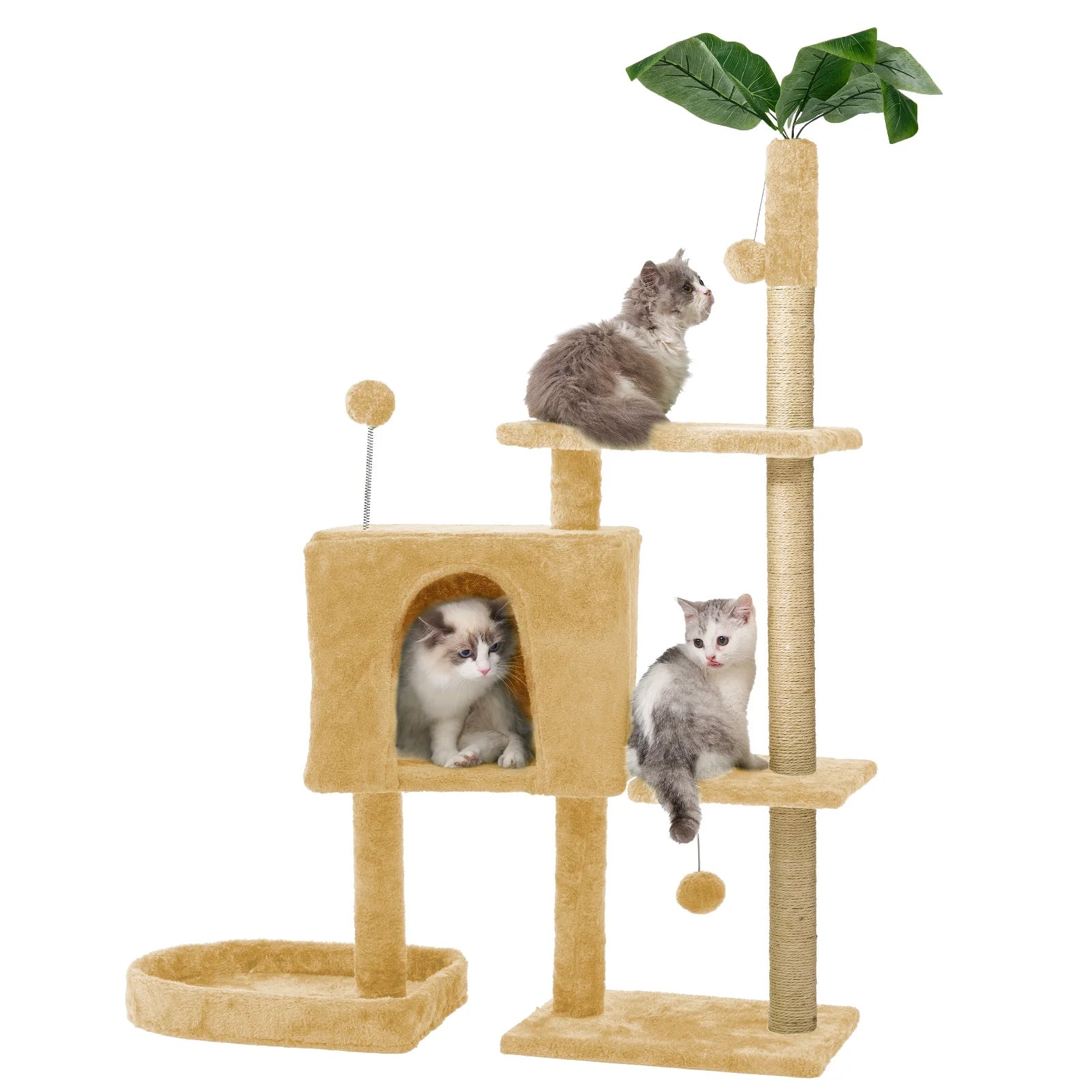 31.5" Cat Tree Cat Tower for Indoor Cats with Green Leaves, Cat Condo Cozy Plush Cat House with Hang Ball and Leaf Shape Design, Cat Furniture Pet House with Cat Scratching Posts,Beige