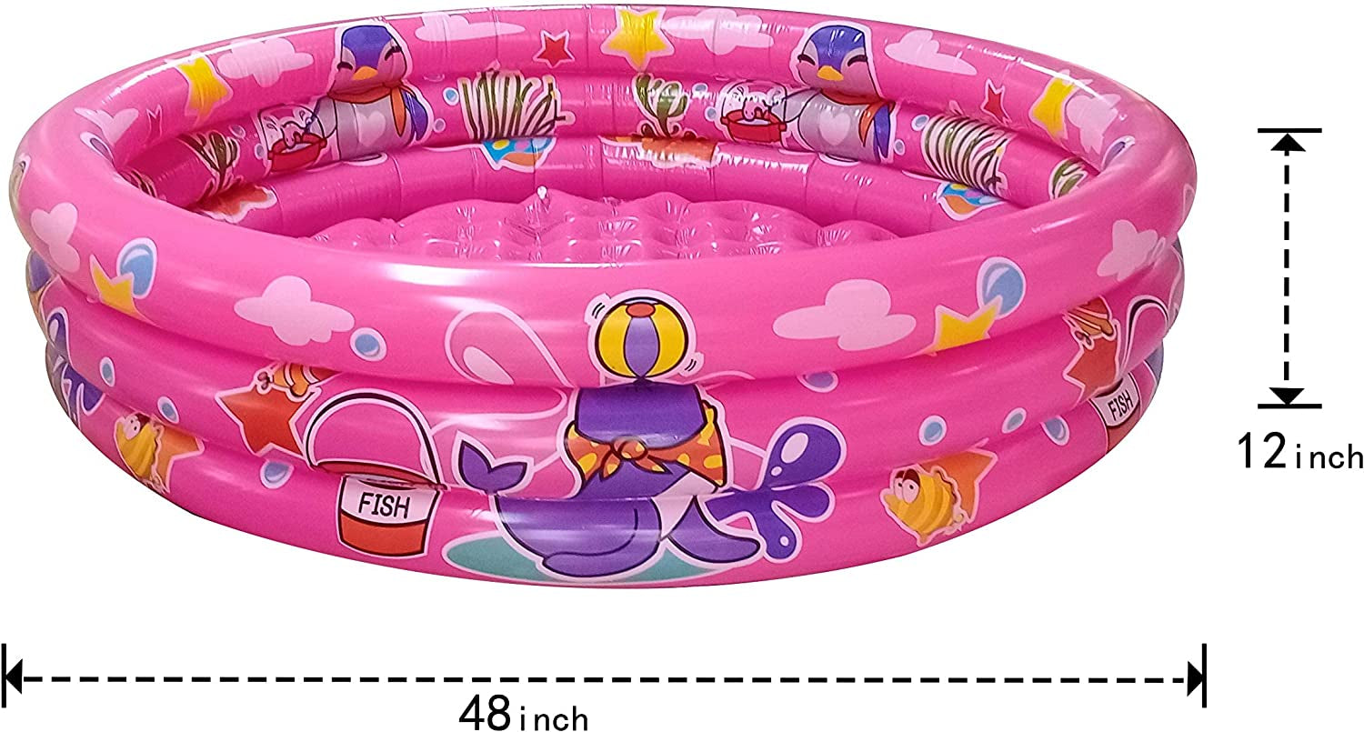 3 Rings Kiddie Pool, 48”X12”, Kids Swimming Pool, Inflatable Baby Ball Pit Pool, Small Infant Pool (Pink)