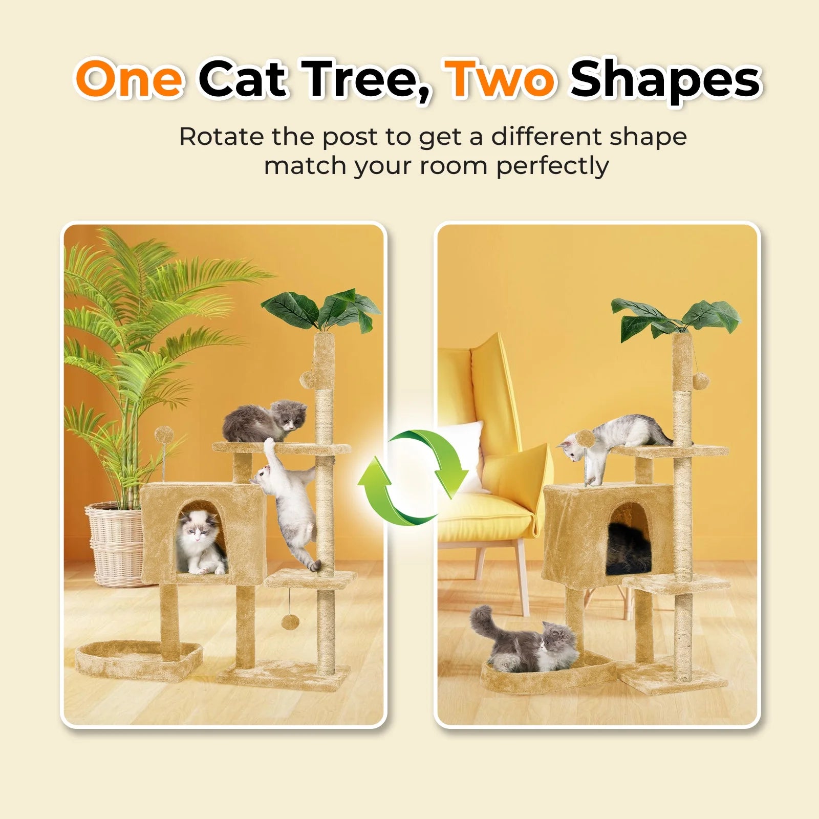 31.5" Cat Tree Cat Tower for Indoor Cats with Green Leaves, Cat Condo Cozy Plush Cat House with Hang Ball and Leaf Shape Design, Cat Furniture Pet House with Cat Scratching Posts,Beige