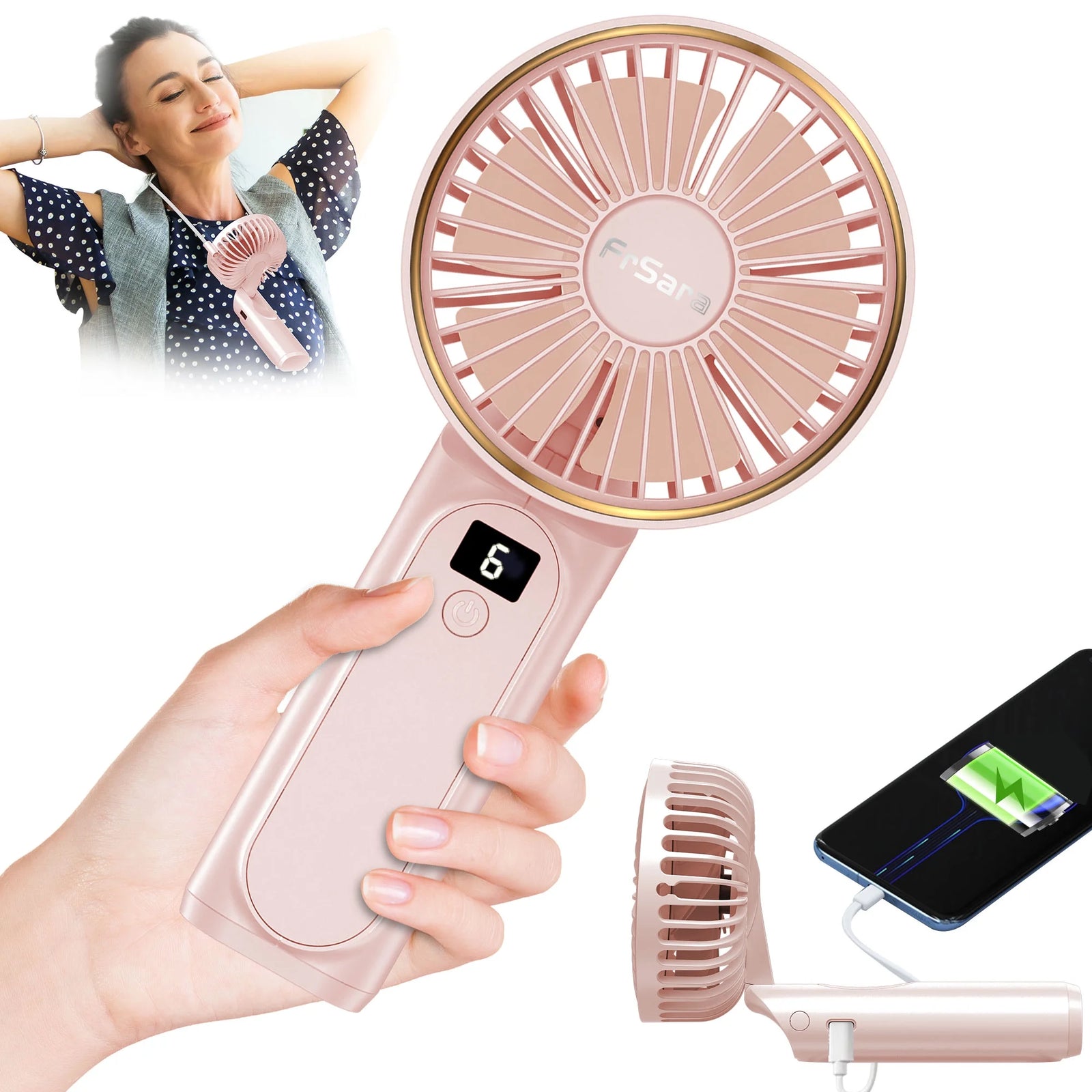 Portable Handheld Mini Fan, Neck Fan, 4000Mah Desk Fan, 180° Adjustable, 6 Speed Wind, Display Electricity in Real Time, USB Rechargeable Foldable Fan, Quiet Personal Fan with Power Bank - Blue