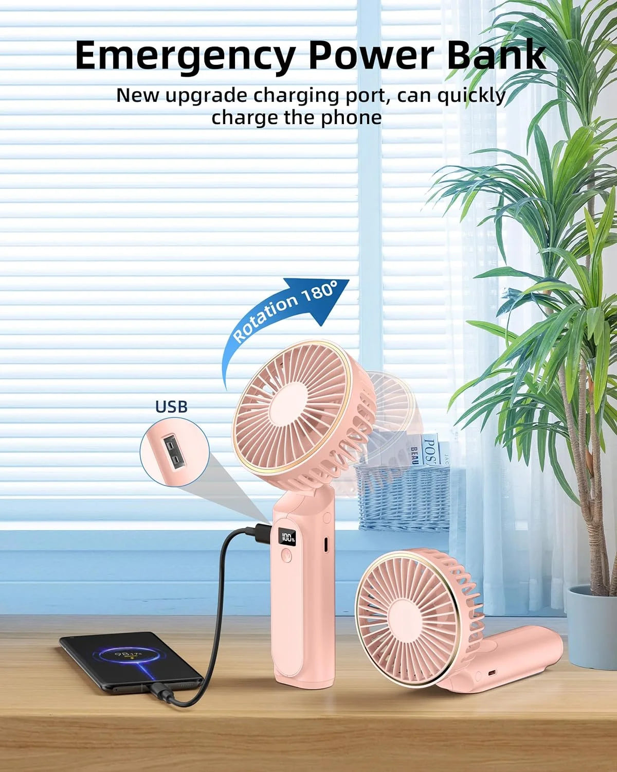 Portable Handheld Mini Fan, Neck Fan, 4000Mah Desk Fan, 180° Adjustable, 6 Speed Wind, Display Electricity in Real Time, USB Rechargeable Foldable Fan, Quiet Personal Fan with Power Bank - Blue