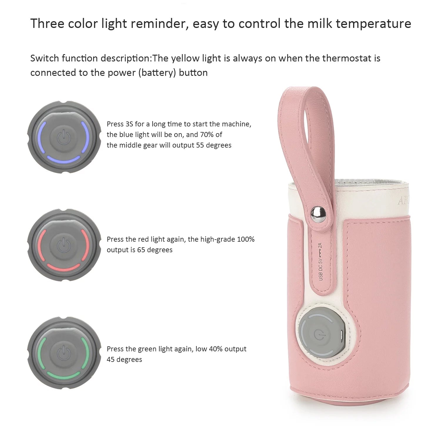 Portable Bottle Warmer, Intelligent Bottle Warmer, Fast Charge, 3-Speed Temperature Regulation, Pink